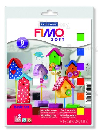 Fimo Soft базовый набор полимерной глины из 9 блоков по 25 гр. + лак 10 мл + инструмент