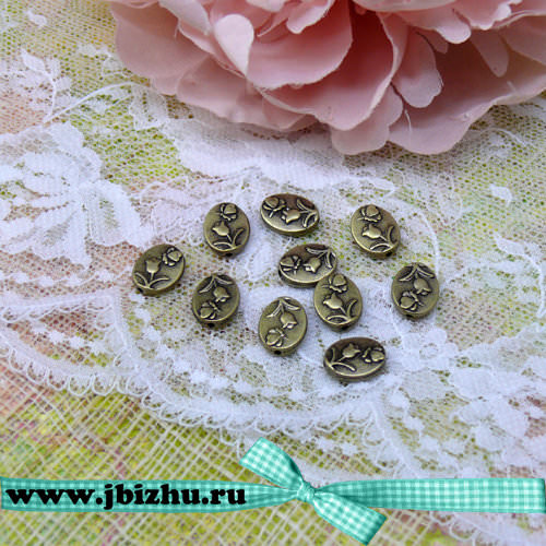 Бусина металлическая овальная с цветочком бронза, 12*9*3 мм (10 шт)