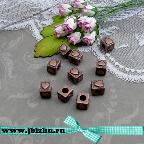 Металлическая бусина квадратная медь "Сердце", 10*9*7 мм  (10 шт)