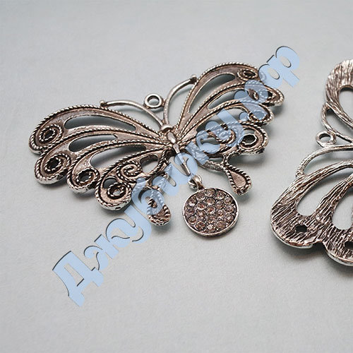 Подвеска для бижутерии "Бабочка"  со стразами серебро, 85*67*4 мм